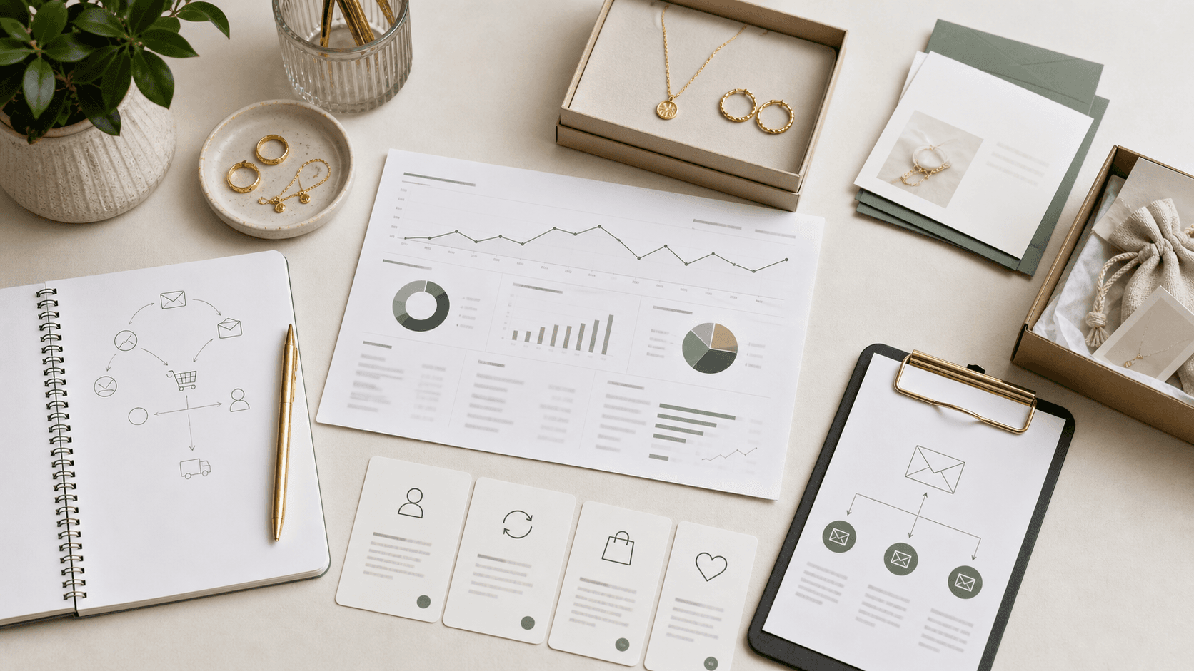 Jewelry growth planning desk with metrics dashboard, wholesale sample box, and repeat customer cards