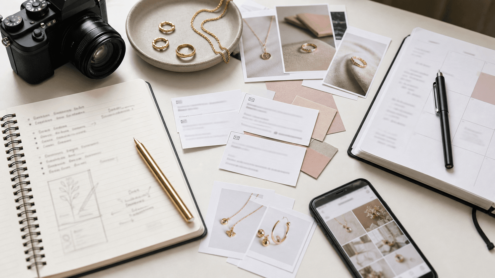 Jewelry marketing workflow with camera, campaign notes, product flat lay, and email planning cards