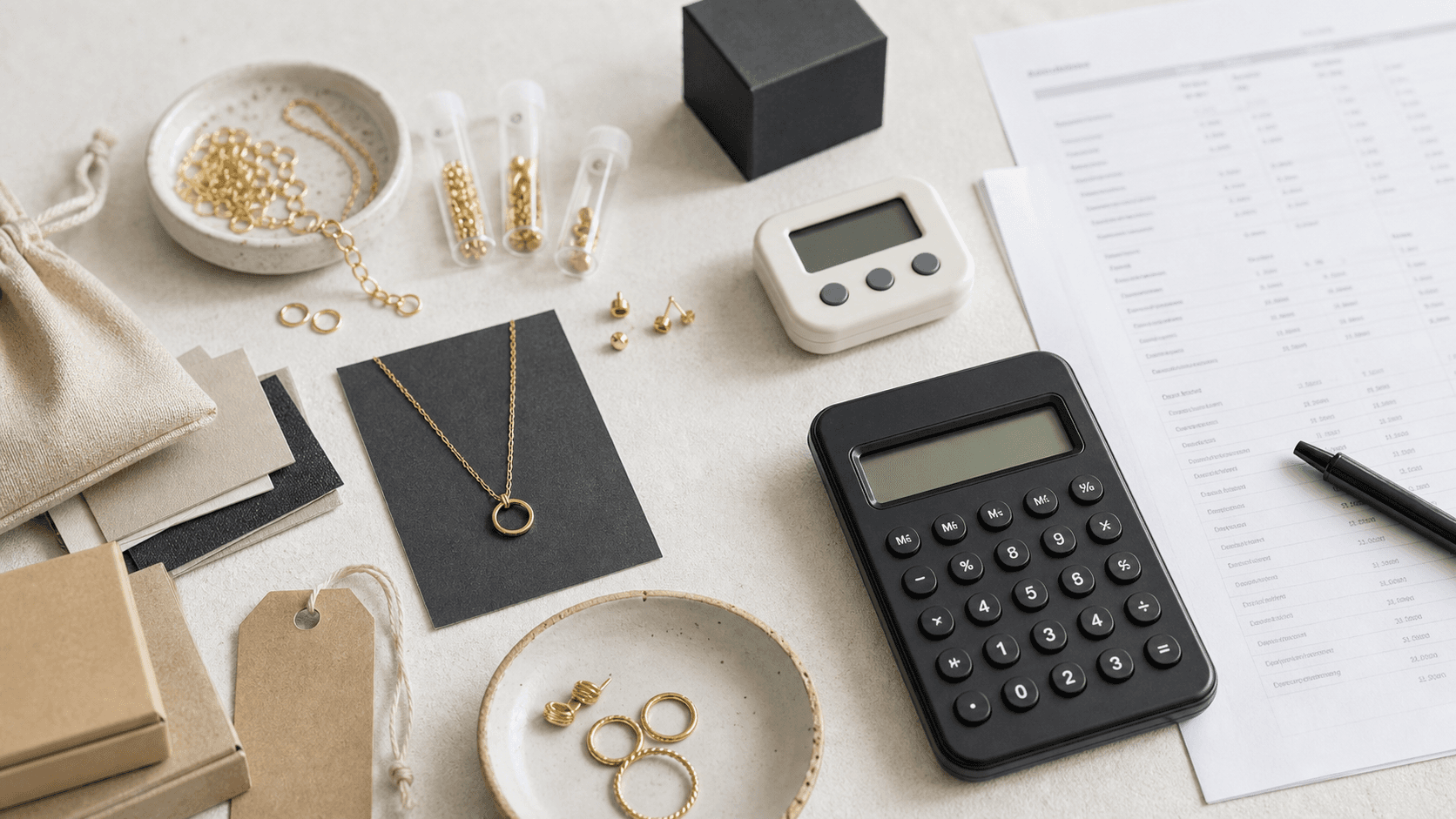 Handmade jewelry pricing breakdown with material samples, timer, calculator, and packaging components