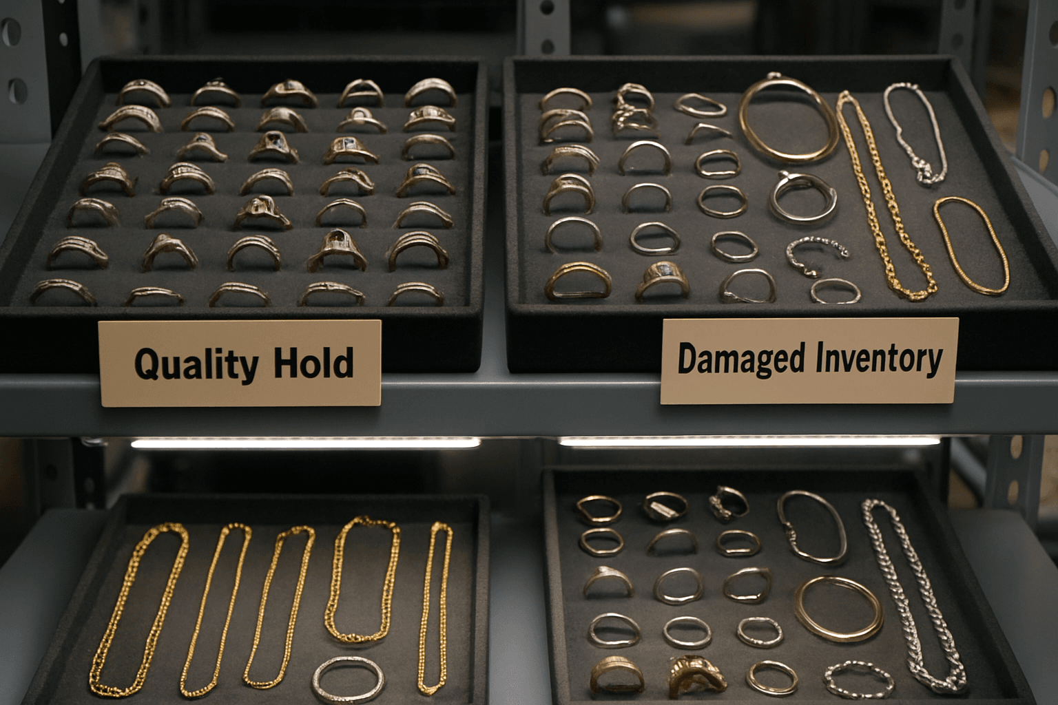 Jewelry storage trays labeled for quality hold and damaged inventory, holding assorted rings and necklaces in a small warehouse.