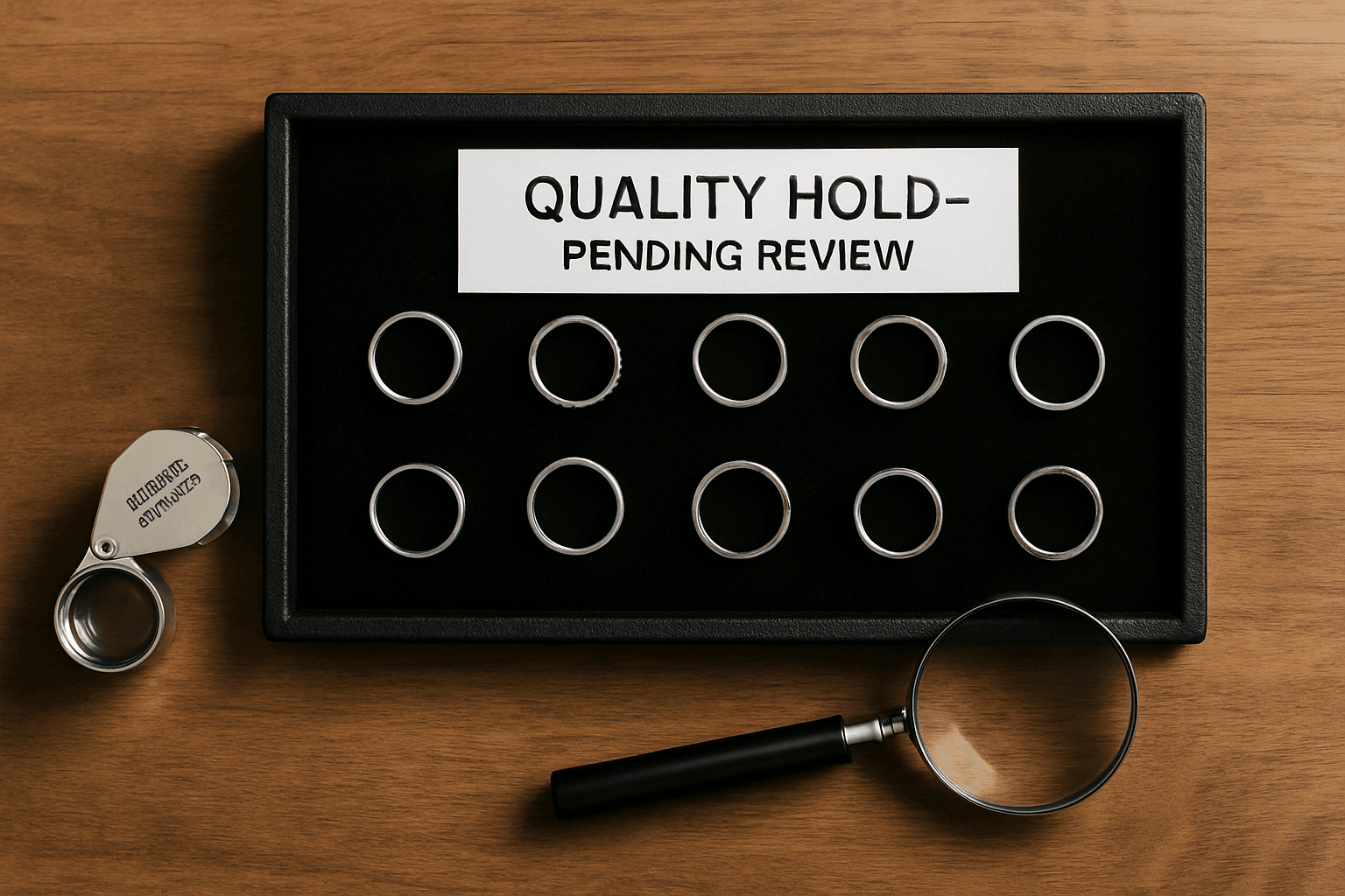 Jewelry quality hold tray with silver rings labeled for pending quality review, inspection tools beside on table.