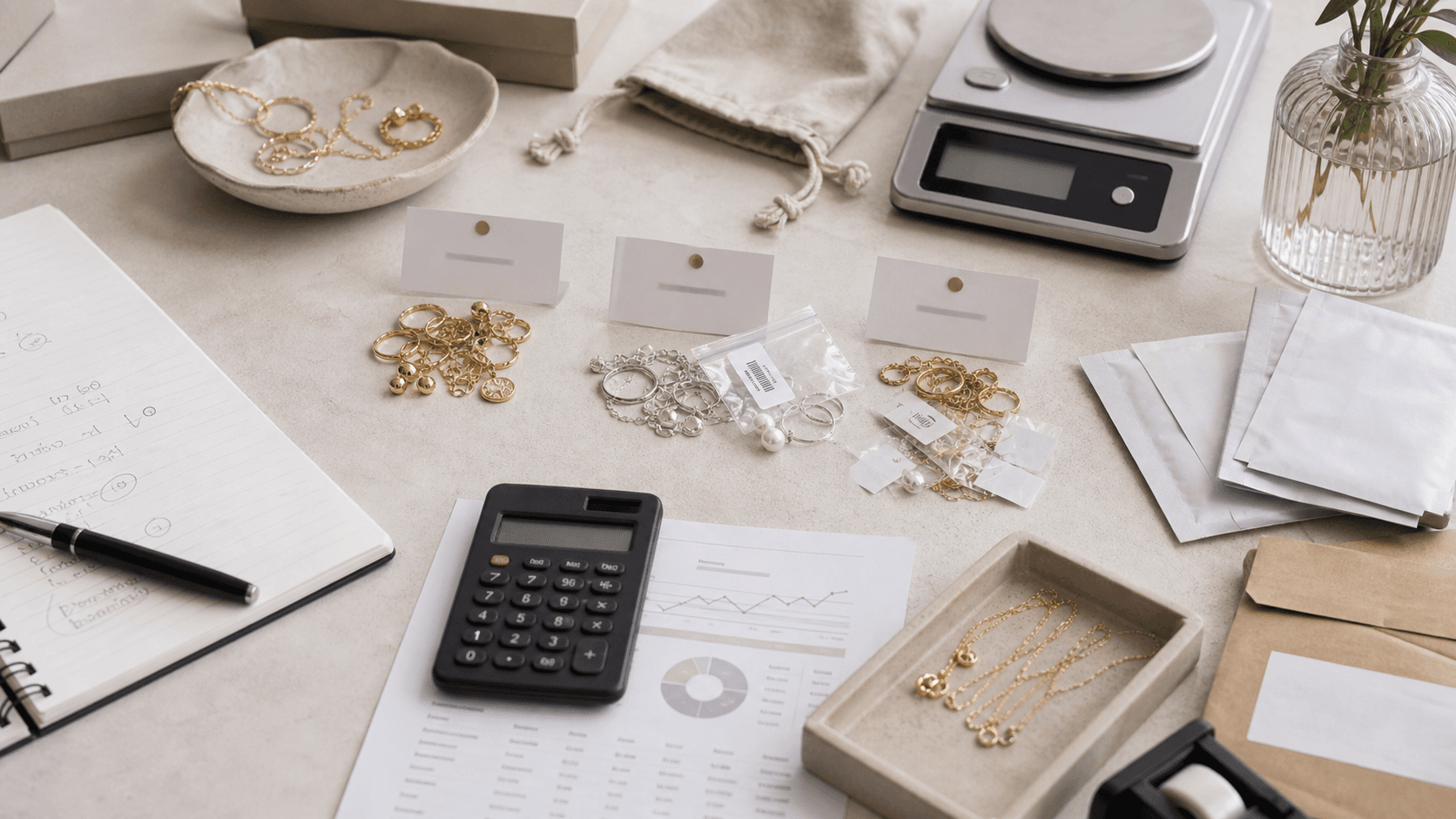 Jewelry business problem solving table with stock piles, calculator, shipping scale, and trays