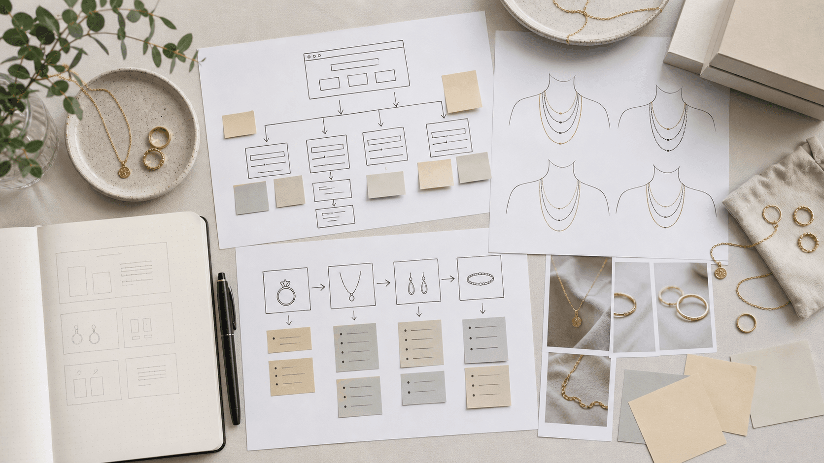Jewelry website SEO content map with product cards, keyword notes, necklace drawings, and gold pieces