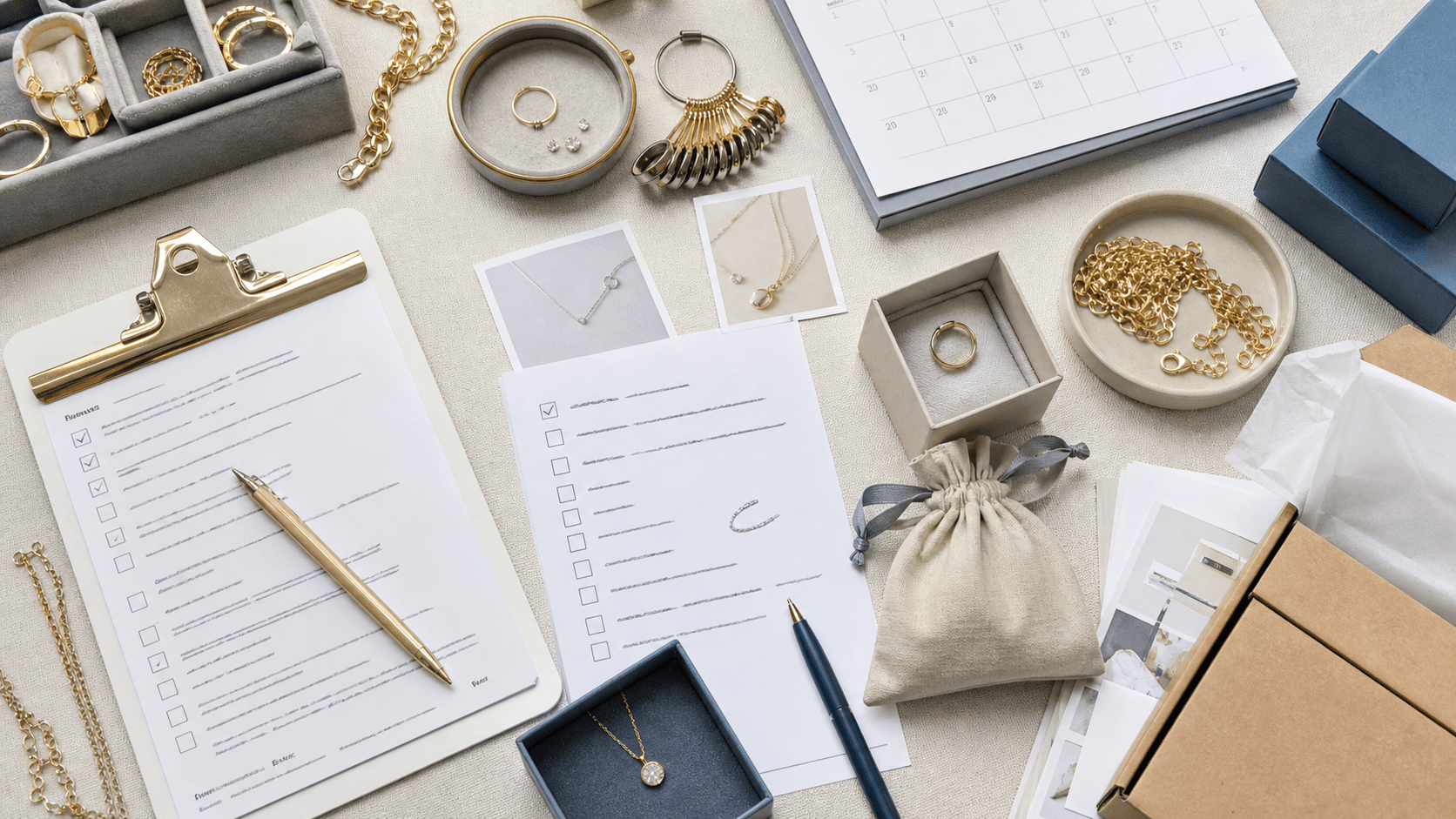 Jewelry launch checklist with sizing tools, order cards, sample chains, and packaging supplies