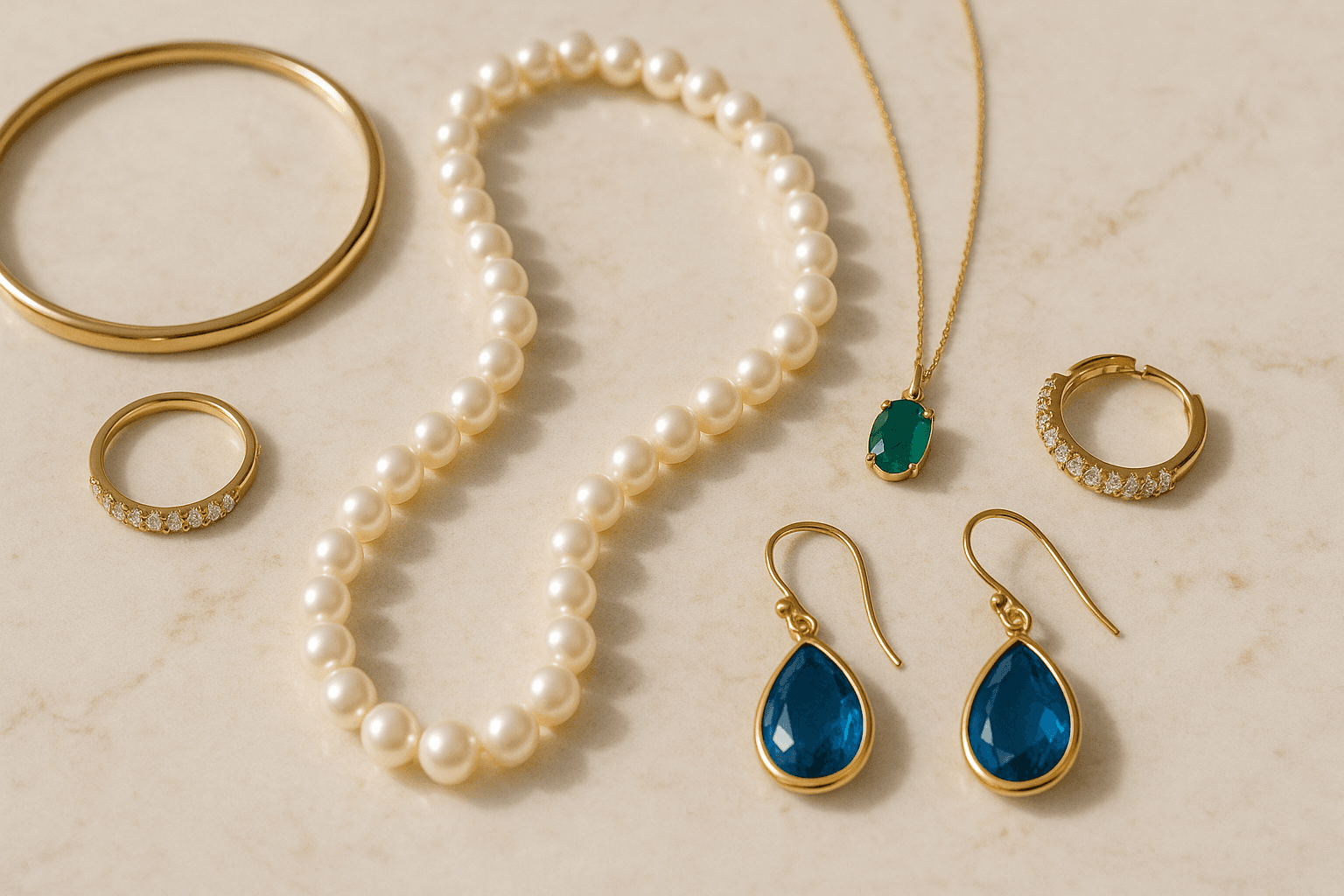 Artfully arranged jewelry pieces on a marble background.