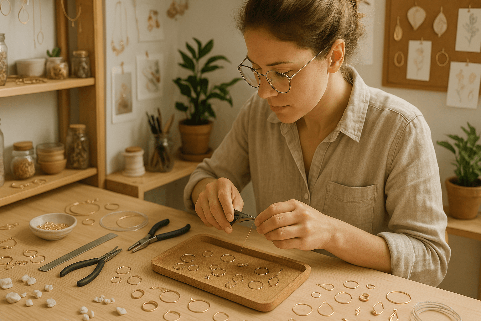 Jewelry artist crafting sustainable pieces in a bright studio.