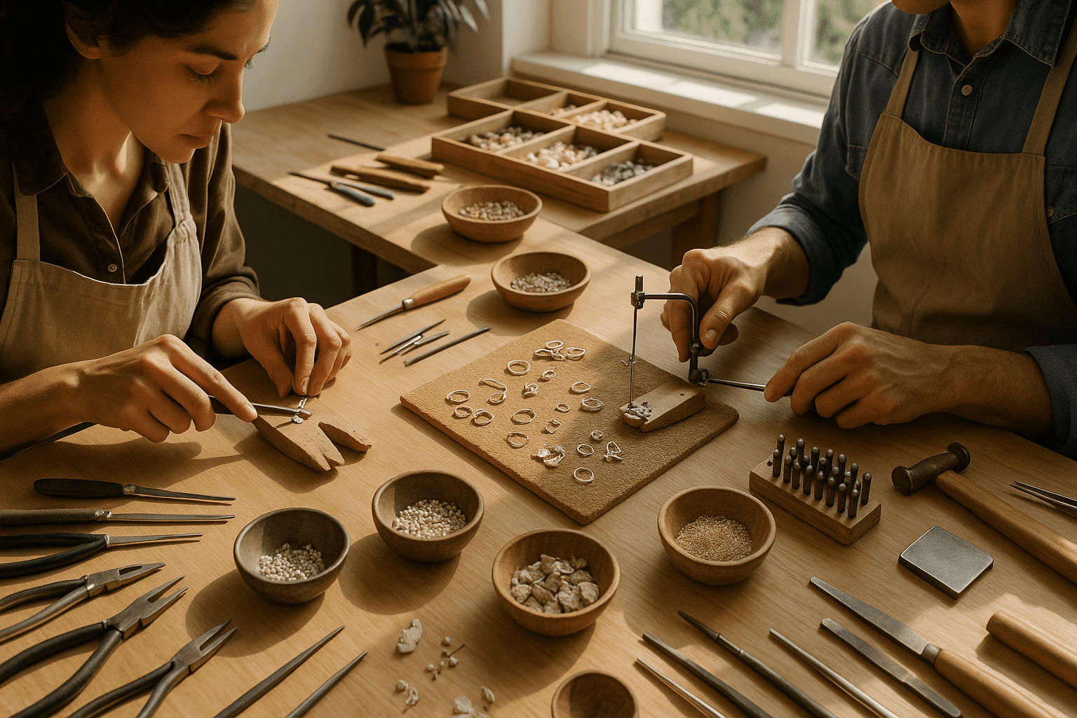 Artisans crafting sustainable jewelry in a sunny workshop
