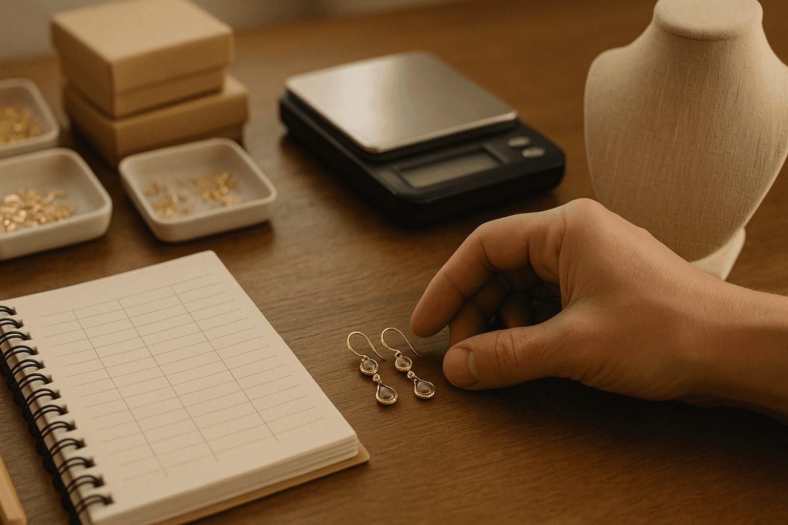 Jewelry studio scene showing a founder organizing product pricing materials and inventory.