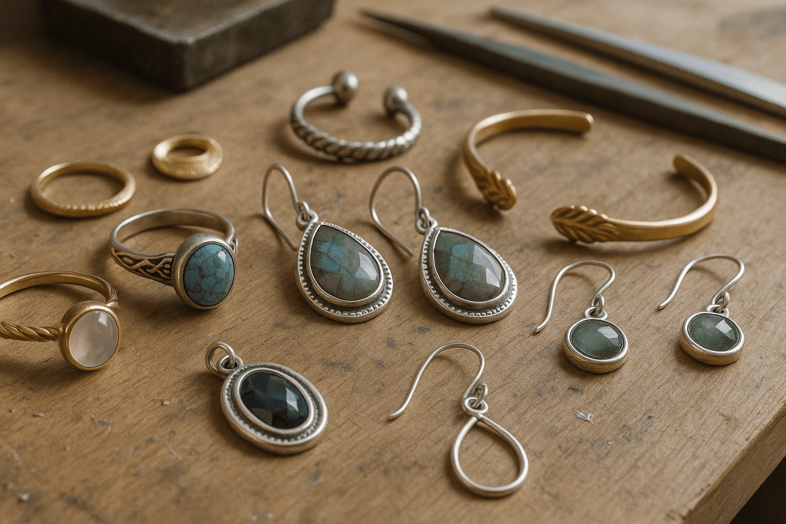 Close-up of handmade jewelry pieces on a workbench.