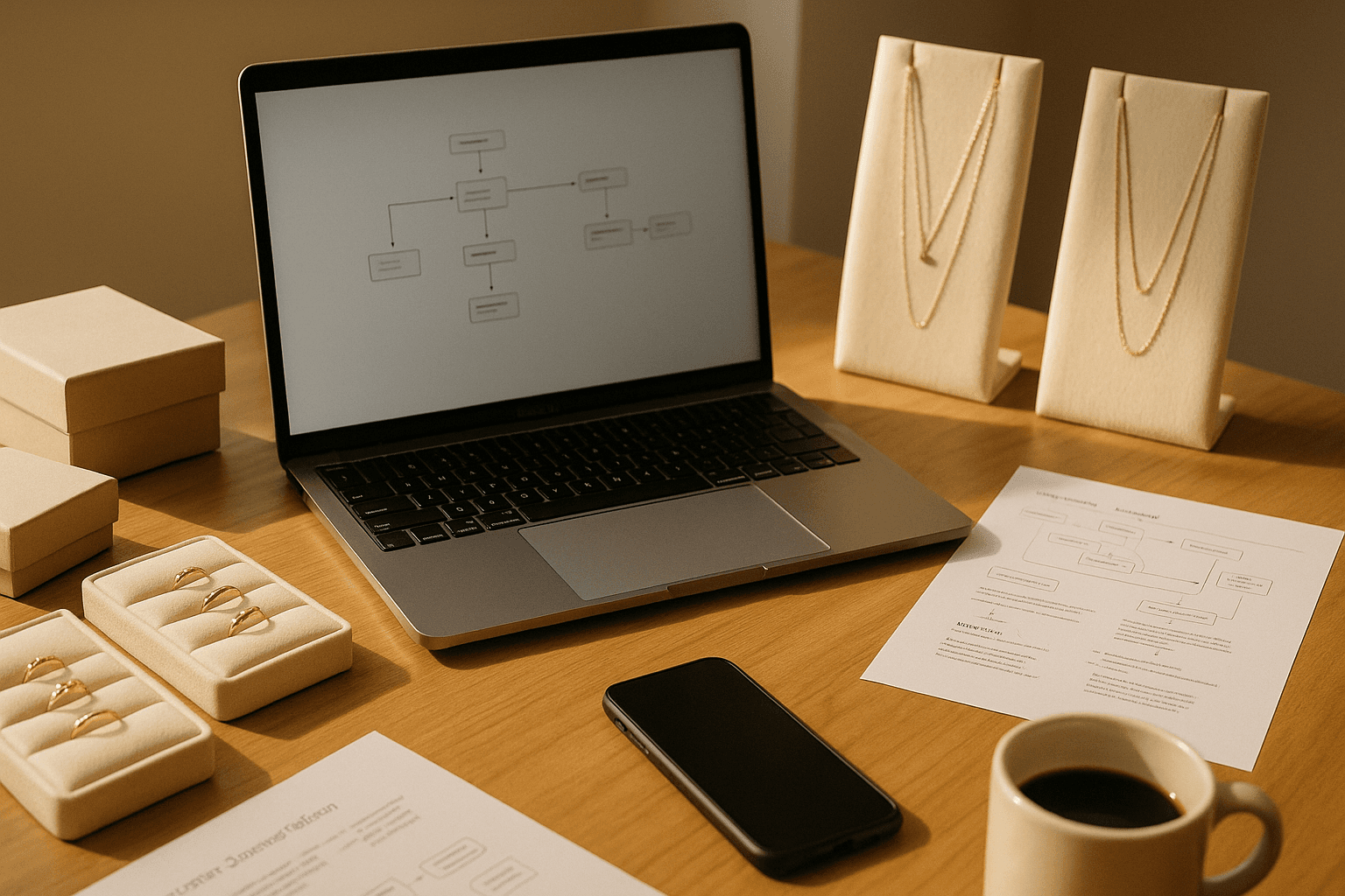 Workspace showing a jewelry email campaign setup with product trays and planning notes
