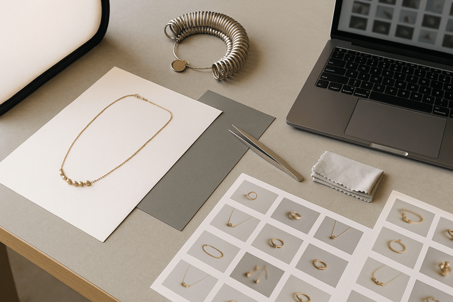 A flat-lay jewelry photography setup with tools, backgrounds, and carefully arranged handmade pieces on a studio table