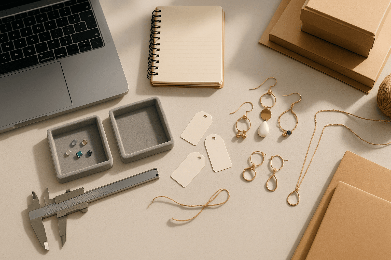 A top-down jewelry pricing desk scene with tools, samples, and packaging materials arranged for cost analysis