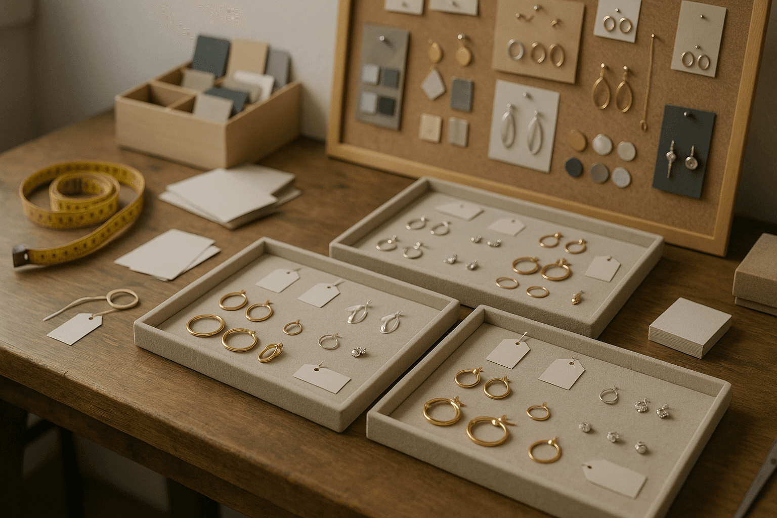 A small jewelry studio worktable with finished pieces, materials, and packaging supplies