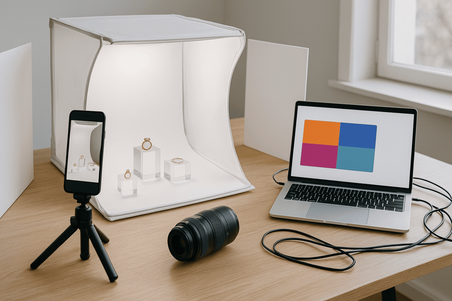 Jewelry photography setup with tripod, light tent, and editing tools in a studio
