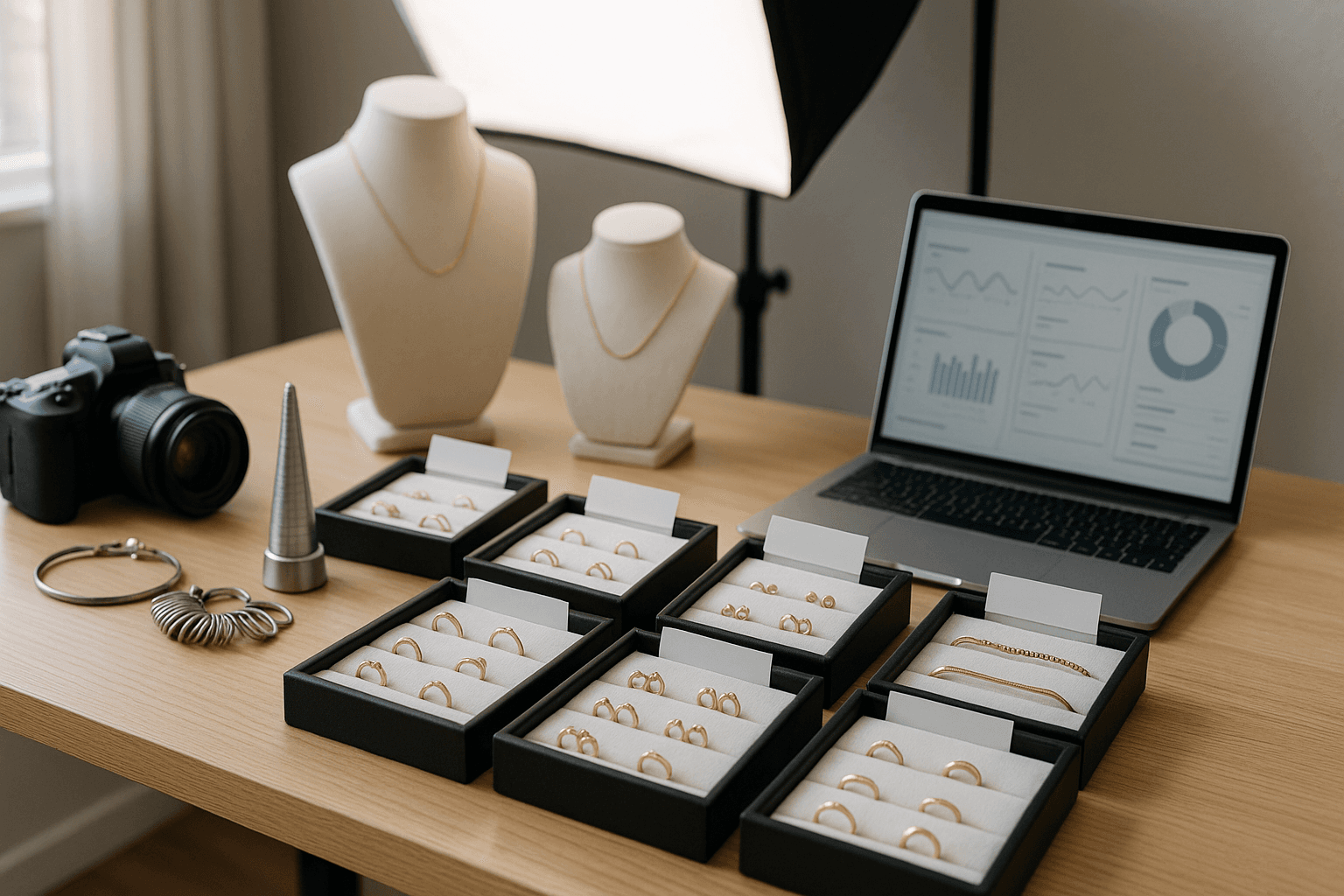 A jewelry studio table with product trays, camera gear, and an open laptop for content planning