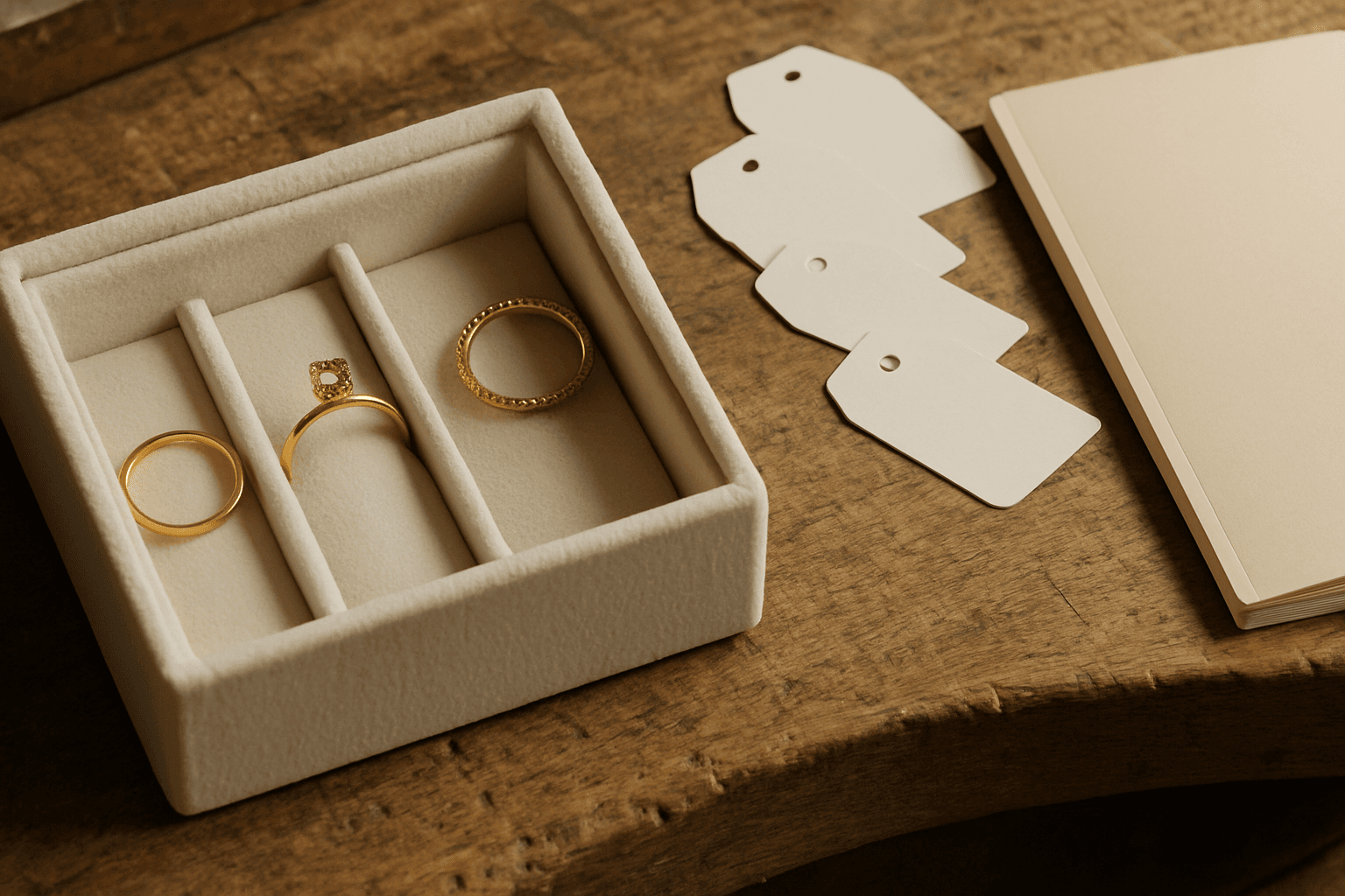 Ring samples in separate compartments beside blank inventory tags