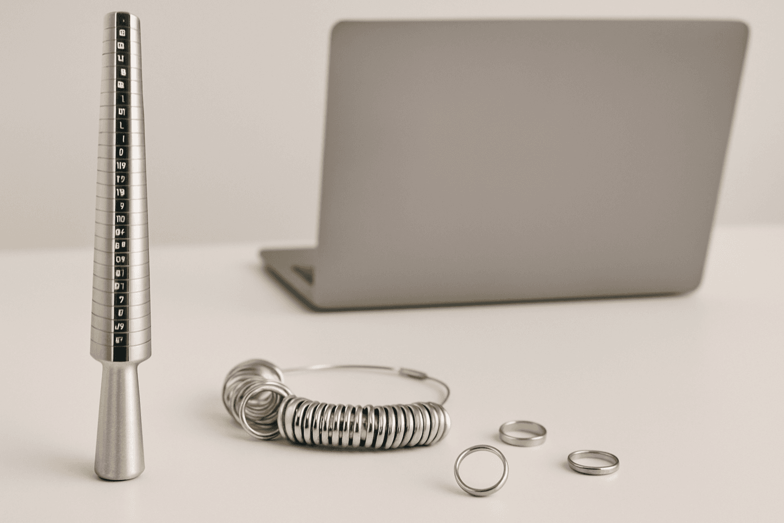 Ring-sizing tool and samples arranged beside a laptop