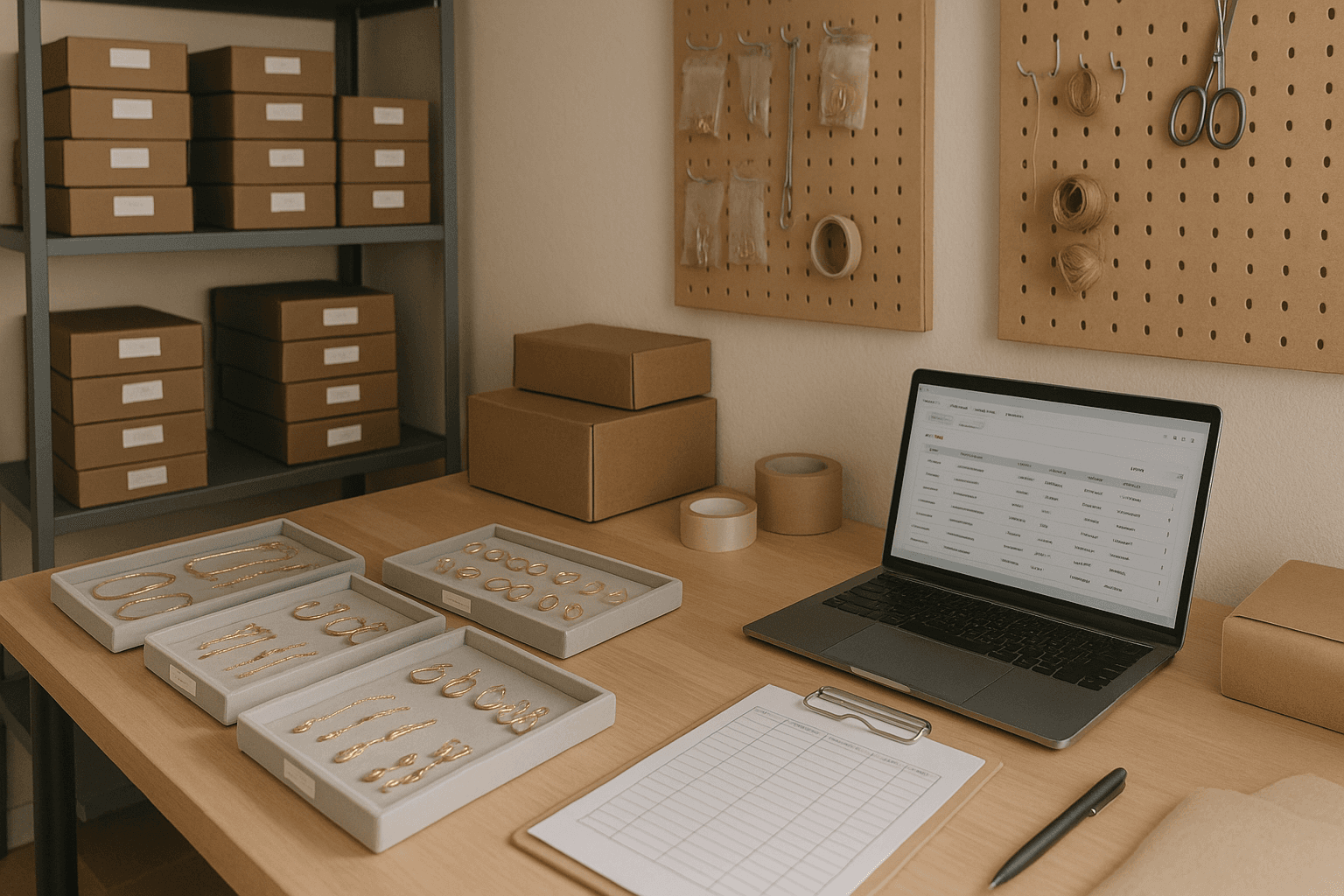 Boutique stockroom with jewelry inventory trays, shipping supplies, and order management materials