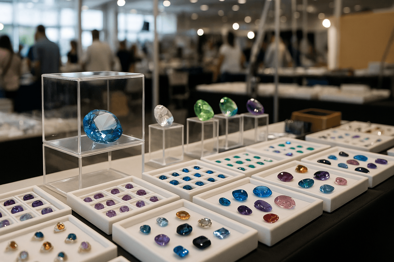 A display of gemstones at a local trade show, emphasizing quality and variety.