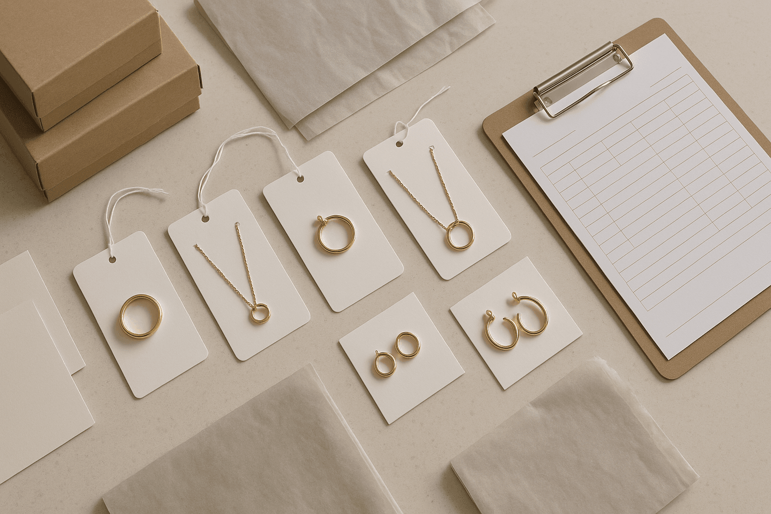Organized boutique stockroom scene with jewelry samples, shipping boxes, and wholesale order materials.