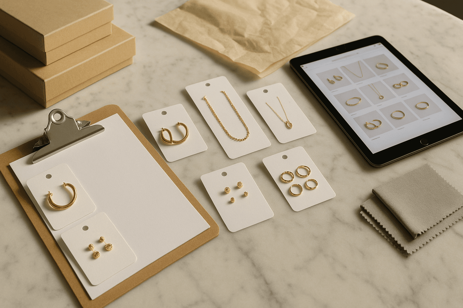 Retail-ready jewelry assortment and wholesale review materials arranged on a boutique table